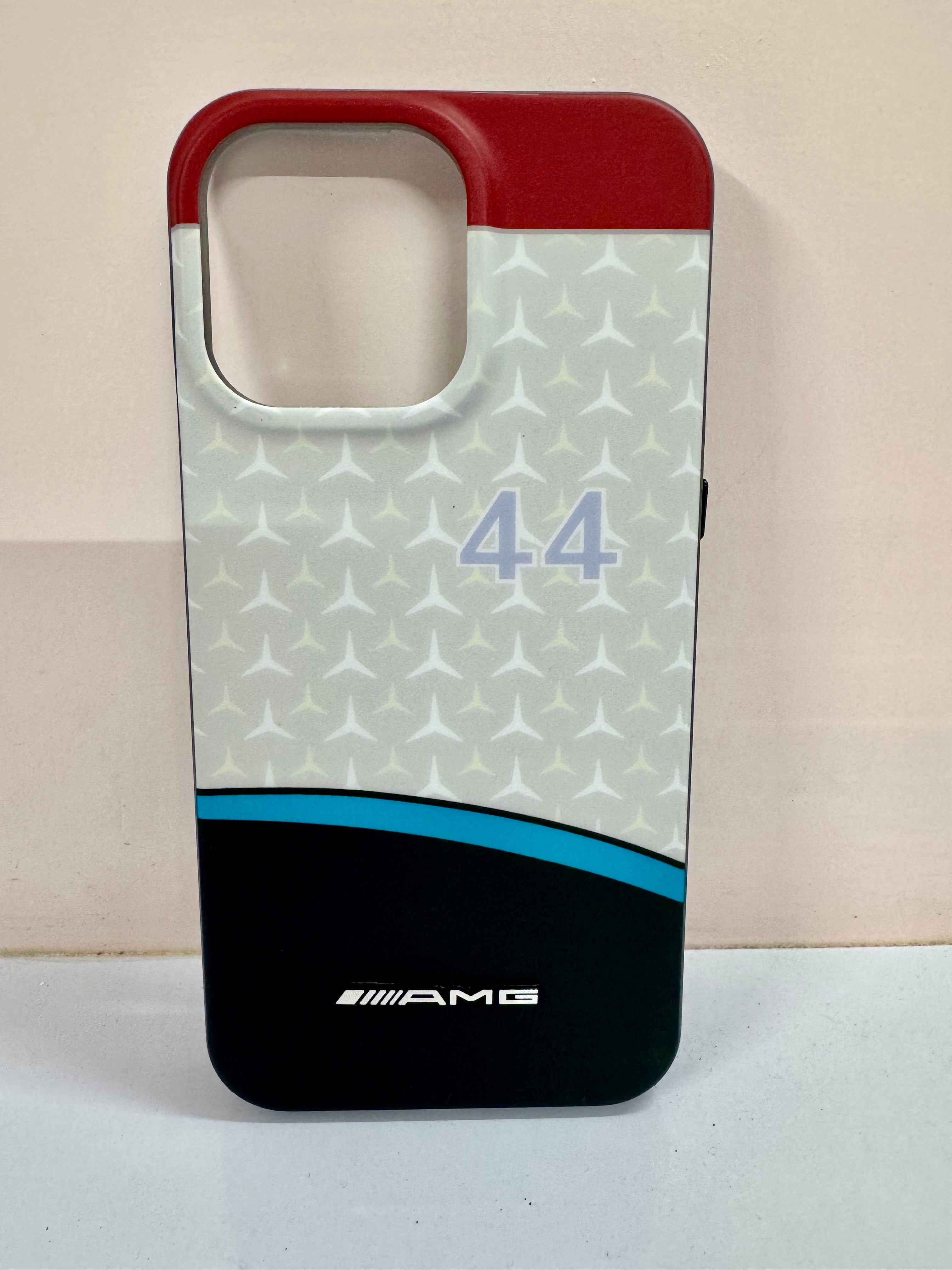 A stylish iPhone case featuring a premium Mercedes Benz AMG inspired design with a red, white, and black theme and a signature number 44 print for iphone 15 pro max cover