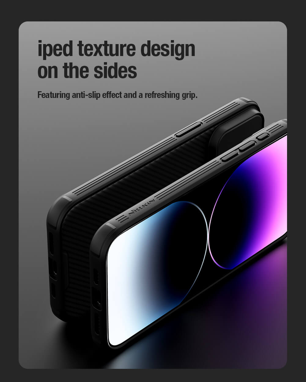 Side angle view of black iPhone cover for iphone 15 pro max cover showing rugged design with camera lens cover and detailed button cutouts.