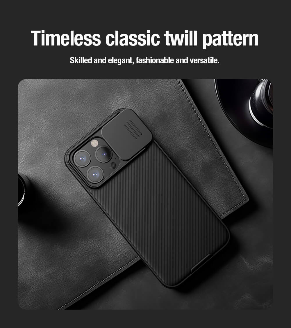 iPhone cover for iphone 15 pro max cover in black with timeless classic twill pattern texture, placed stylishly with black accessories.