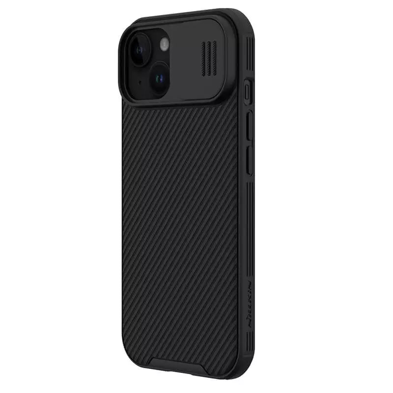 Side view of the black Nillkin iPhone case for iphone 15 pro max cover showing sliding camera cover and button cutouts.