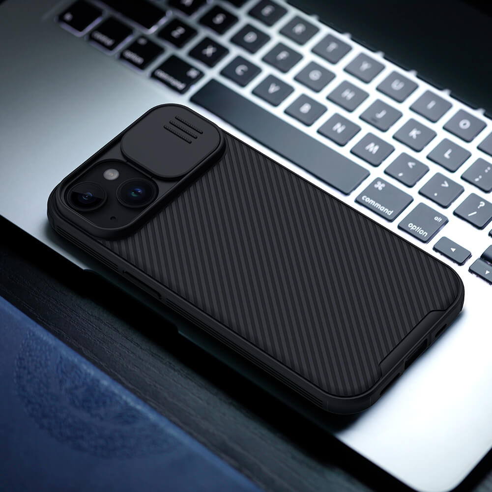 Black iPhone cover for iphone 15 pro max cover with textured back and camera sliding cover, shown from the rear side.