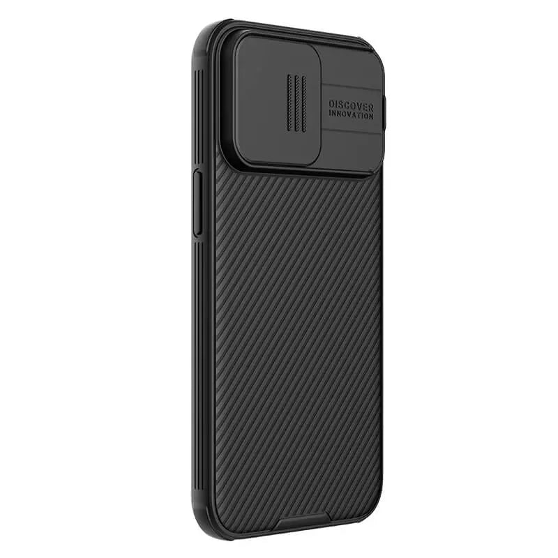 Angled view of black carbon textured iPhone case for iphone 15 pro max cover featuring lens slider mechanism