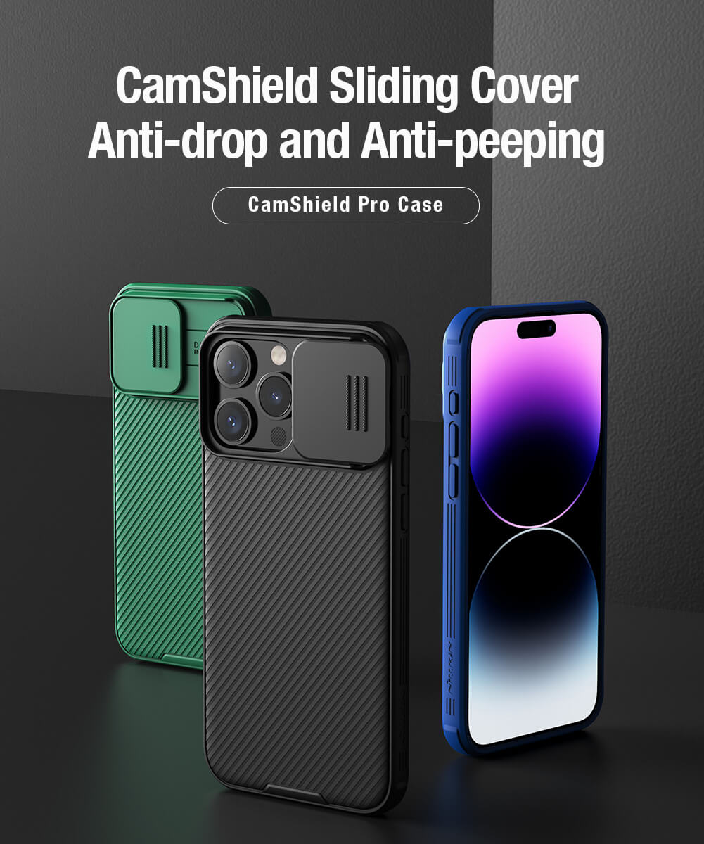 Product display of CamShield sliding cover cases in black, green, and blue with anti drop design for iphone 15 pro max cover