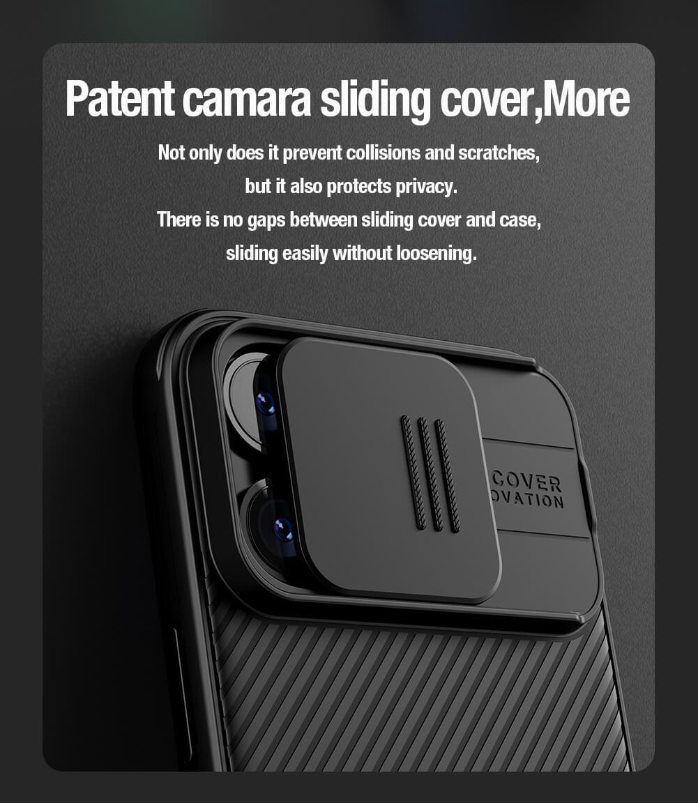 Close up view of iphone cases patented sliding camera cover, iphone 15 pro max cover showing seamless fit and protection features