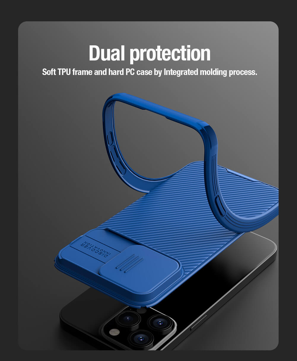 Blue CamShield iPhone case for iphone 15 pro max cover bent to showcase soft TPU plus hard PC dual layer protection