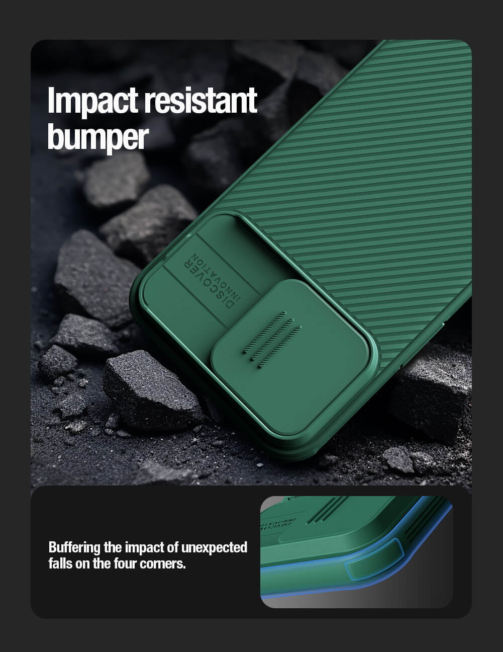 Green variant of the CamShield Pro iphone case, iphone 15 pro max cover showing its impact resistant bumper on corner drops