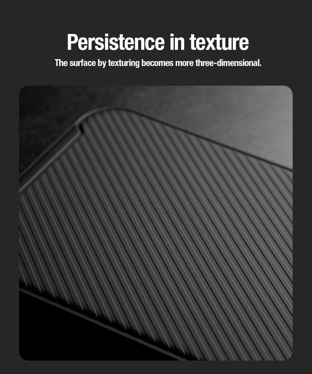 Zoomed iphone case in texture display of the black Nillkin CamShield Pro cover for iphone 15 pro max cover with ribbed pattern