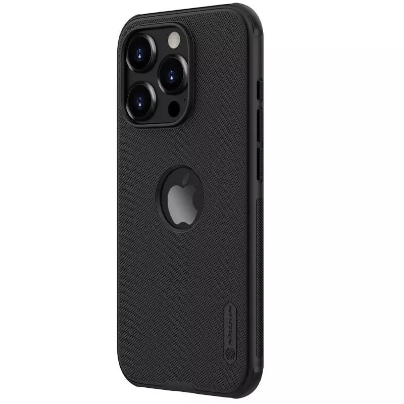 Black matte iPhone cover for iphone 15 case with camera cutout showing rear side and Apple logo Nillkin Super Frosted Shield Pro case.