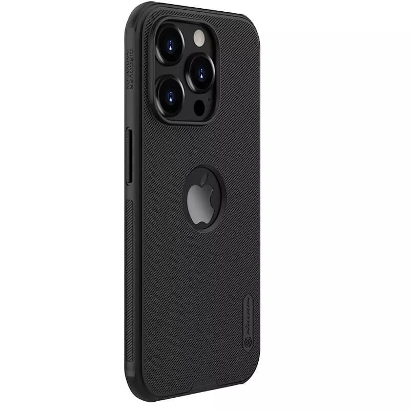 Angled rear view of rugged matte iPhone case, iphone 15 covers with cutout for Apple logo and raised lens protection Nillkin iPhone cover.