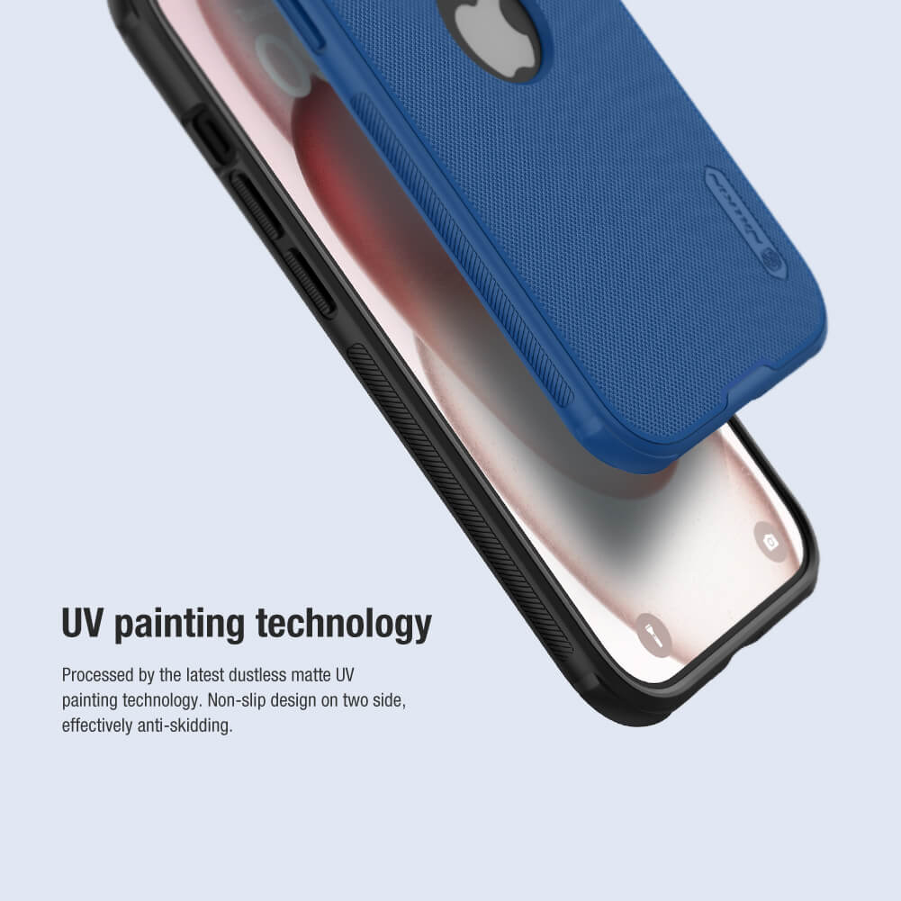 Dual color iPhone cover in blue and black for iphone 15 cover featuring UV painting technology for anti slip grip. Protective mobile cover for iPhone models