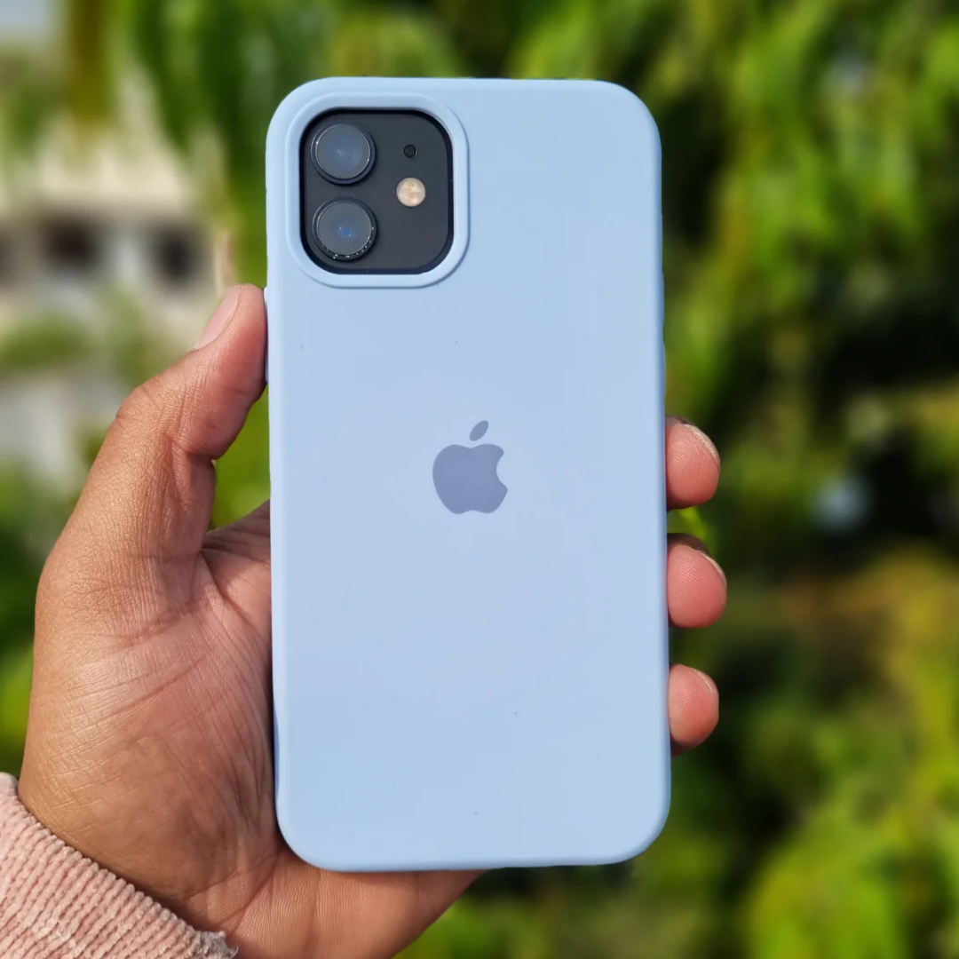 Close up of a blue iPhone case, iphone 15 pro max cover emphasizing its smooth texture and precise cutouts for buttons and ports