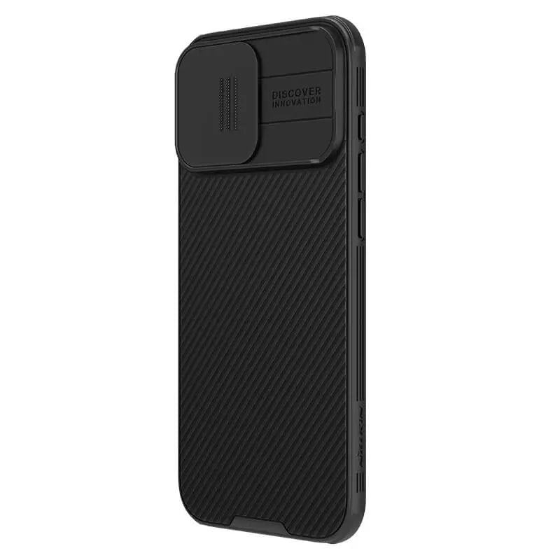 Side angle view of black iPhone case for iphone 16 cover featuring textured finish and CamShield Pro patented slide camera protection design