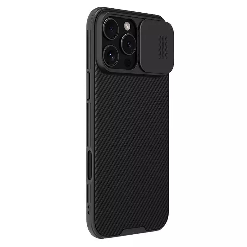 Angled view of black iPhone case for iphone 16 cover showing sleek cutouts and integrated slide cover for camera lens protection.