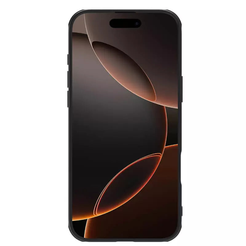 Straight front facing image of iPhone with black Nillkin cover,
iphone 16 cover highlighting screen clarity and edge protection.