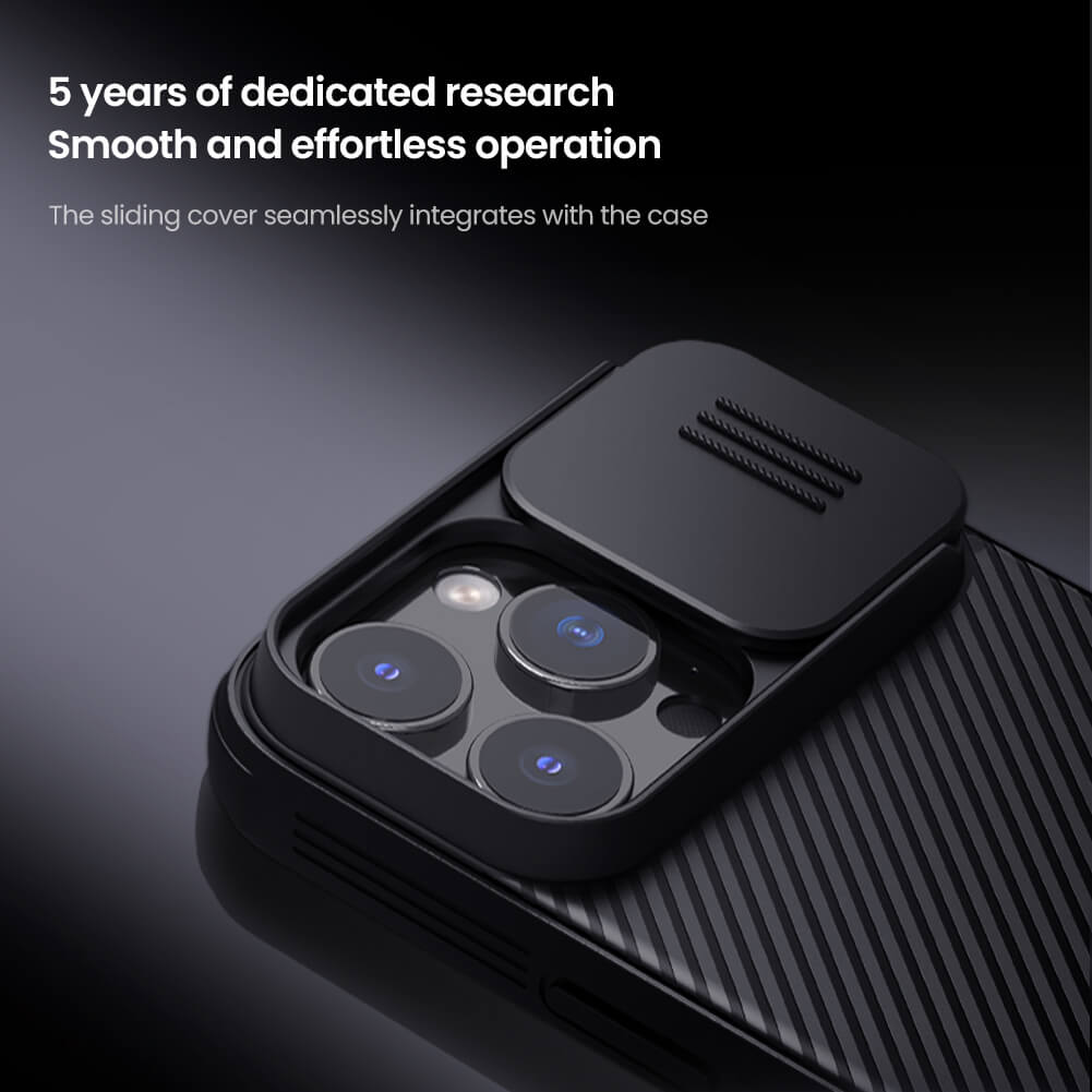 Nillkin iPhone case for iphone 16 cover highlighting sliding camera shield in an open position for enhanced lens access and security.