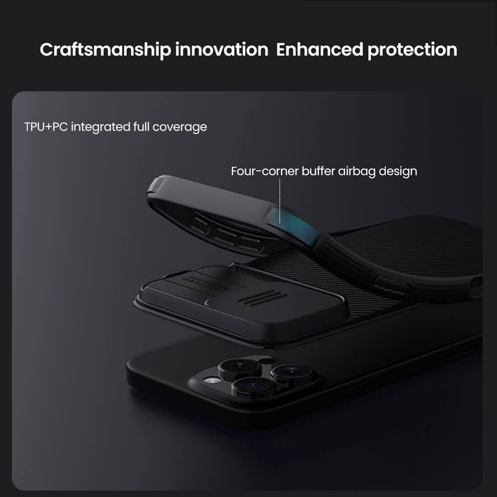 Exploded view of CamShield Pro iphone case construction with TPU plus PC hybrid shell and corner airbag shock protection technology for iphone 16 cover