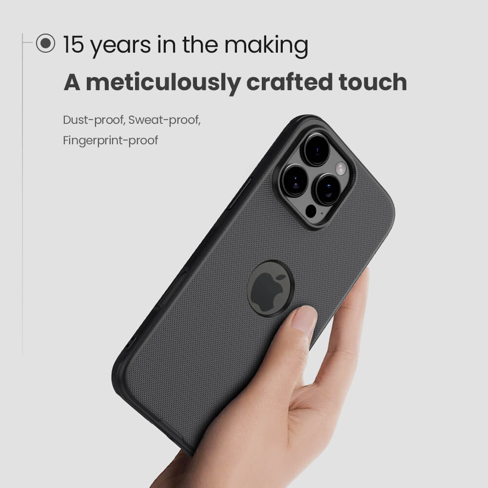 A hand holding a black matte Nillkin iPhone case for iphone 16 cover with fingerprint resistant, sweat proof, dust proof, back and Apple cutout