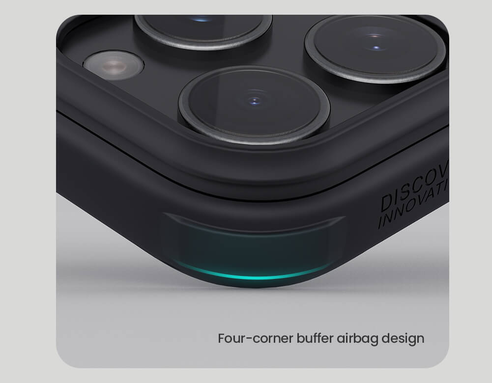 Airbag corner close up apple cover for iphone 16 cover showing shock absorbent buffer design in black iPhone case.
