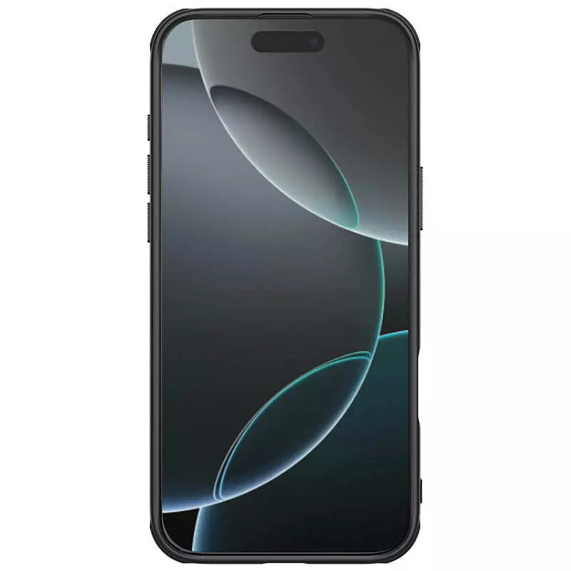 Front view of iPhone cases for iphone 16 cover with Nillkin matte black mobile cover edge to edge screen visibility.