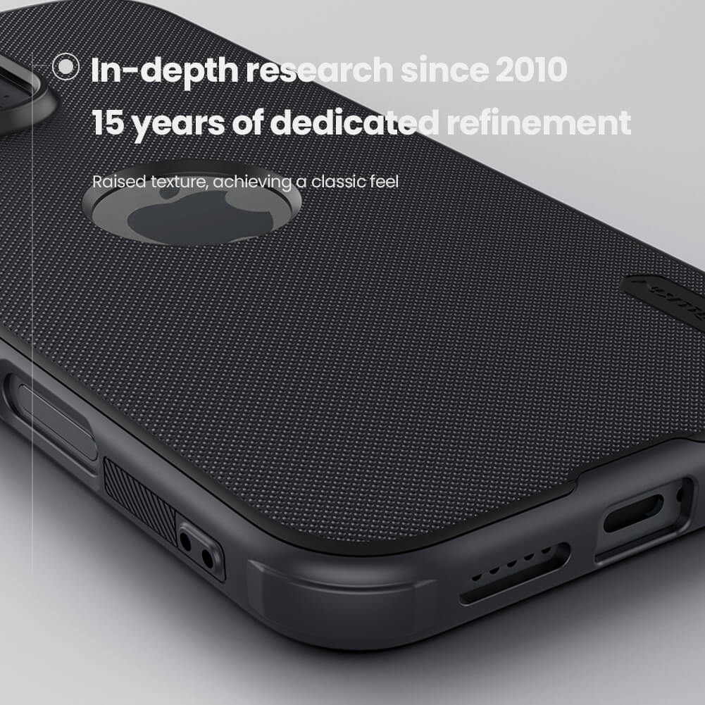 Close up view of textured black Apple cover for iphone 16 cover showing dustproof matte finish with camera protection.