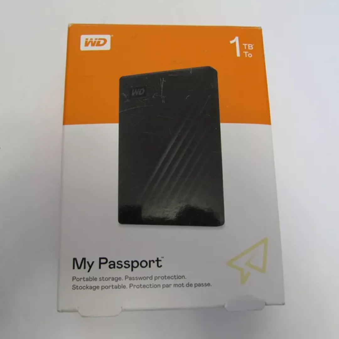 WD My Passport 1TB hard drive in packaging, featuring a SuperSpeed USB A cable with 5 Gbps transfer speed