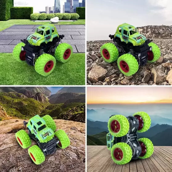Green monster truck toy with red wheels shown on different terrains like grass, rocks, and wooden floor for all terrain play.
