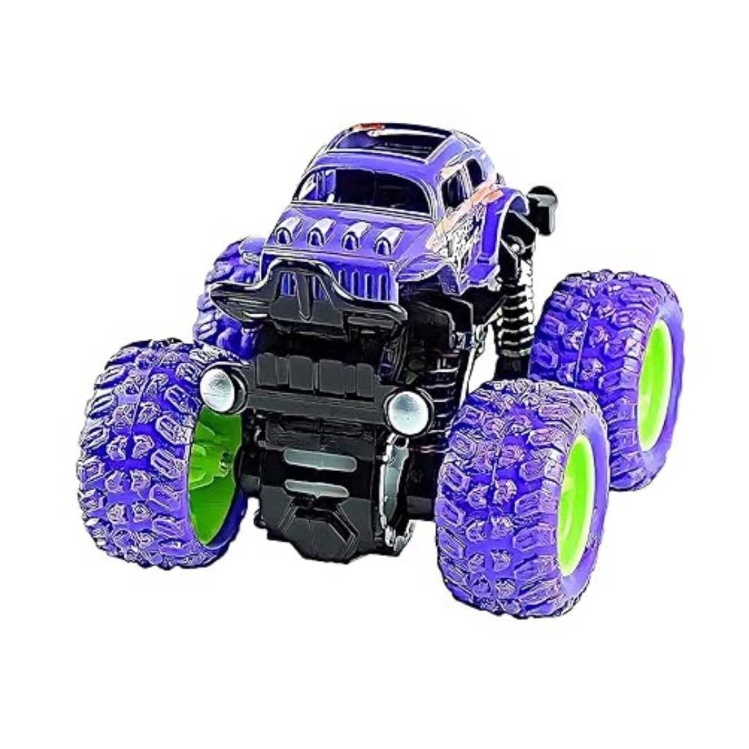 Purple monster truck toy with green rimmed wheels featuring a rugged, bouncy tire design.