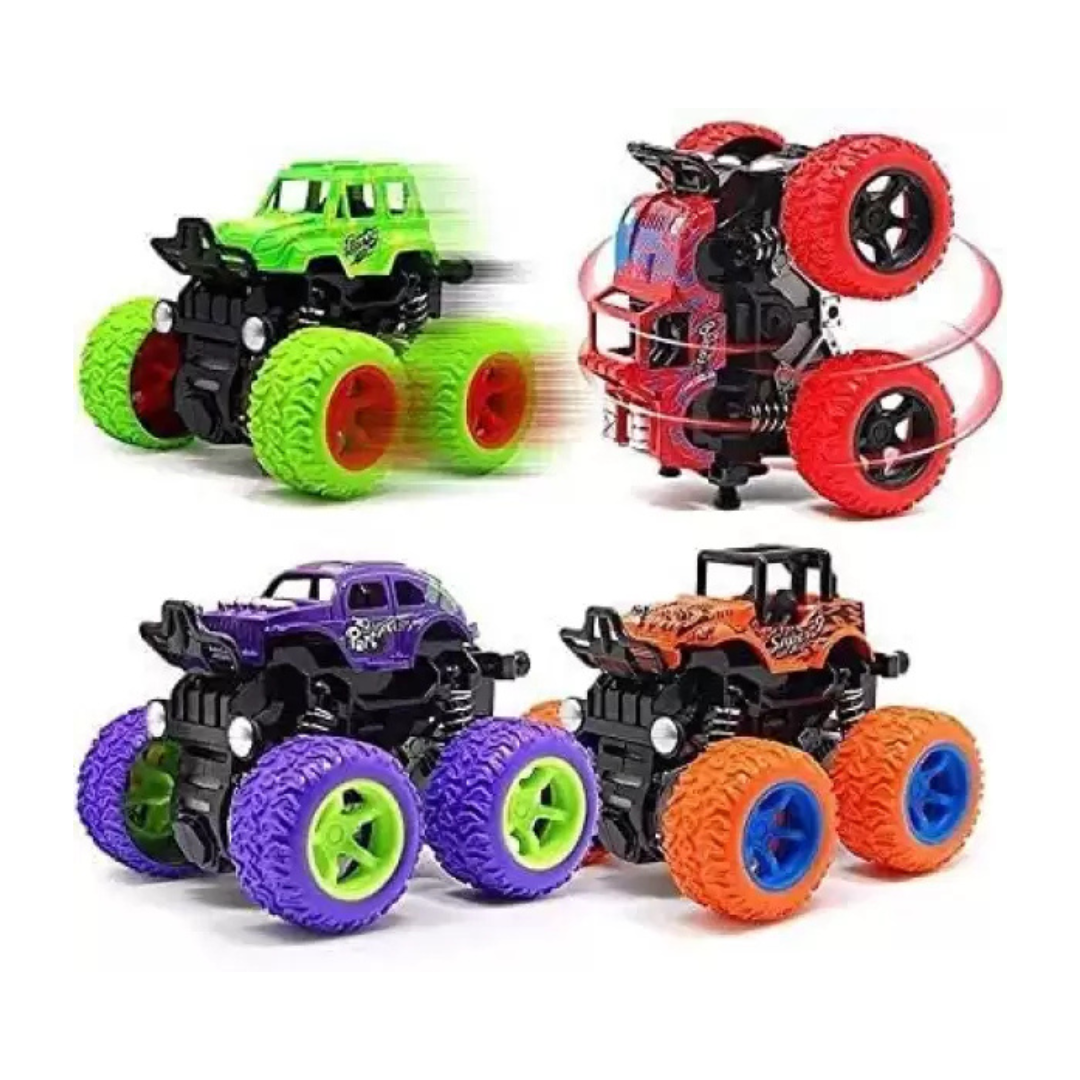 Set of four colorful monster truck toys showcasing action packed movement and flipping action.