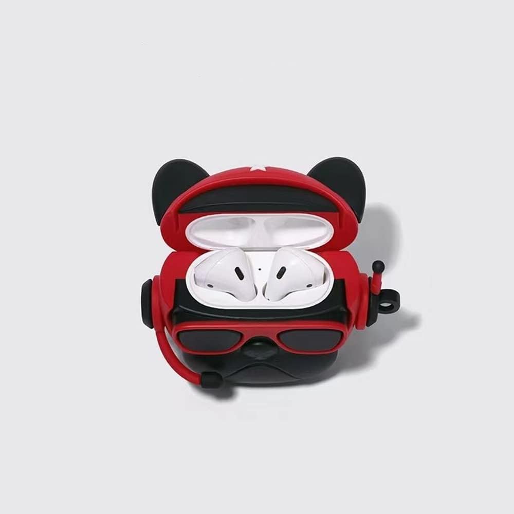 Trendy airpods cover in black and red, designed like a gaming-inspired dog character with a headset."