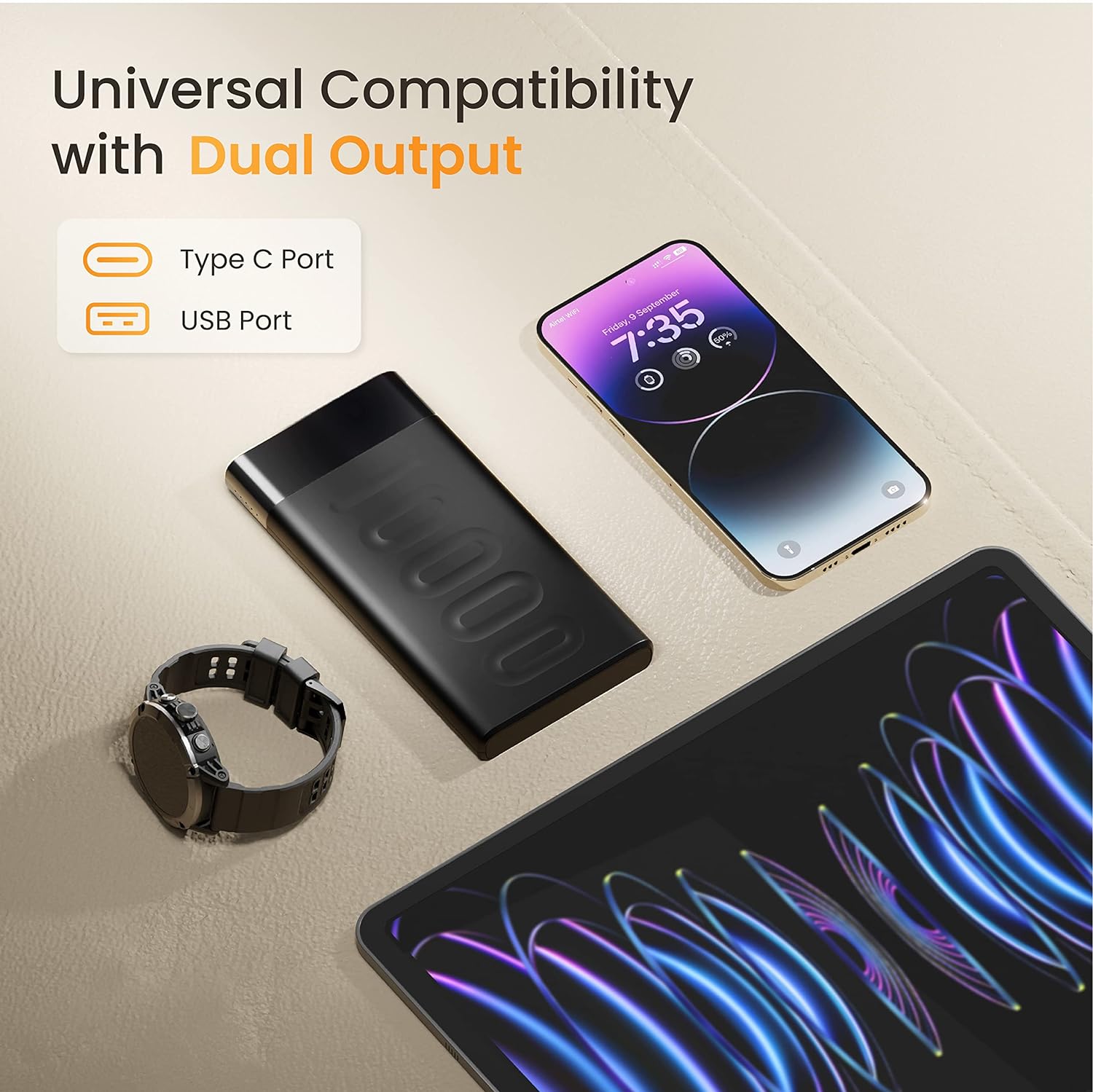 Multi-device compatible 10000mah powerbank charges smartphones, tablets, smartwatches, and more