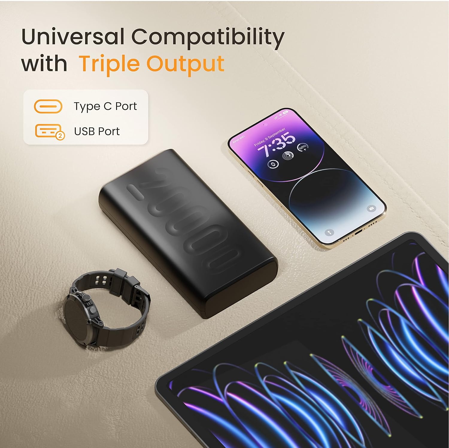 power bank that comes with  triple output Type C and USB ports for smartphones, smartwatches, and tablets