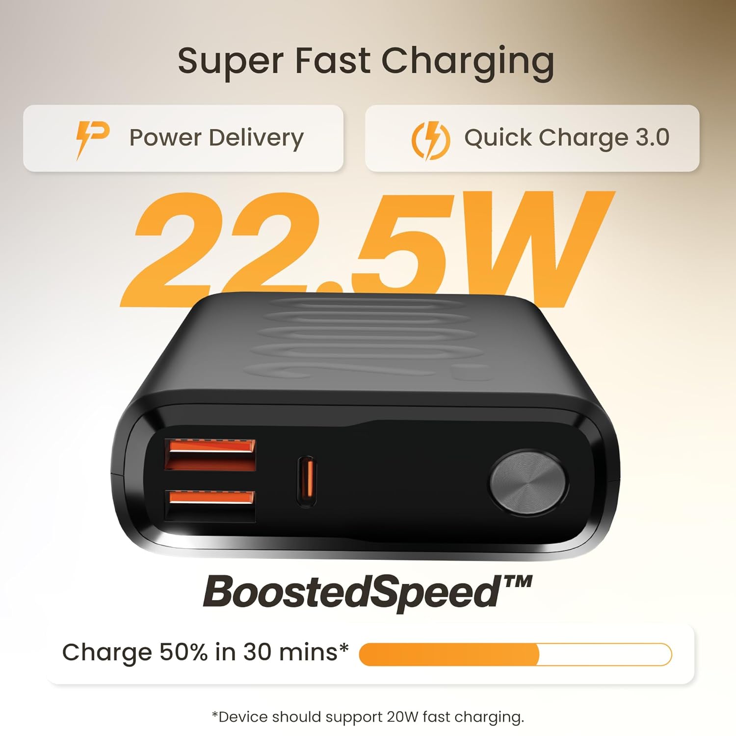Super fast charging 22.5W power bank with BoostedSpeed for quick and efficient device charging