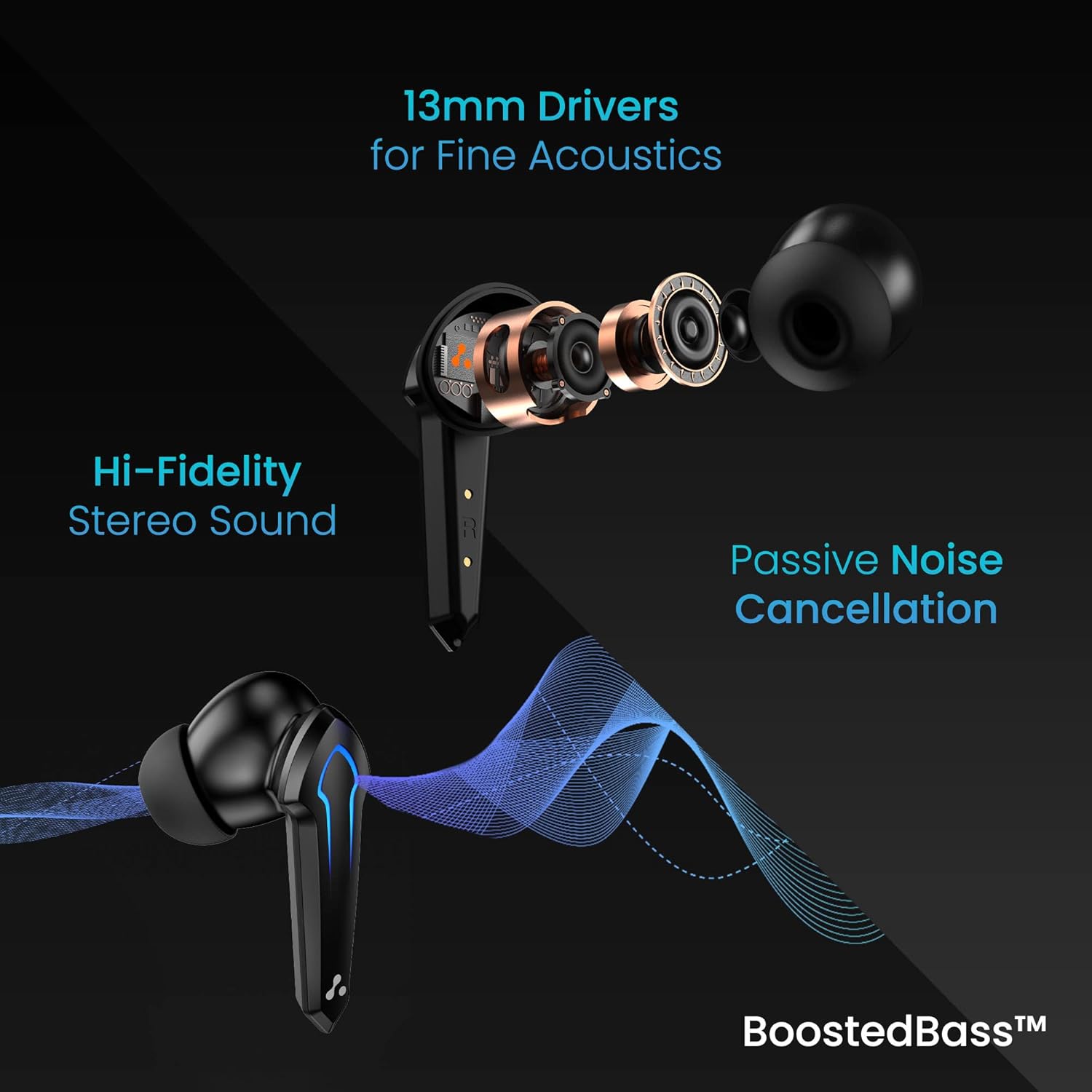 Close-up of wireless earbuds, earbuds with 13mm drivers, hi-fidelity stereo sound, and noise cancellation