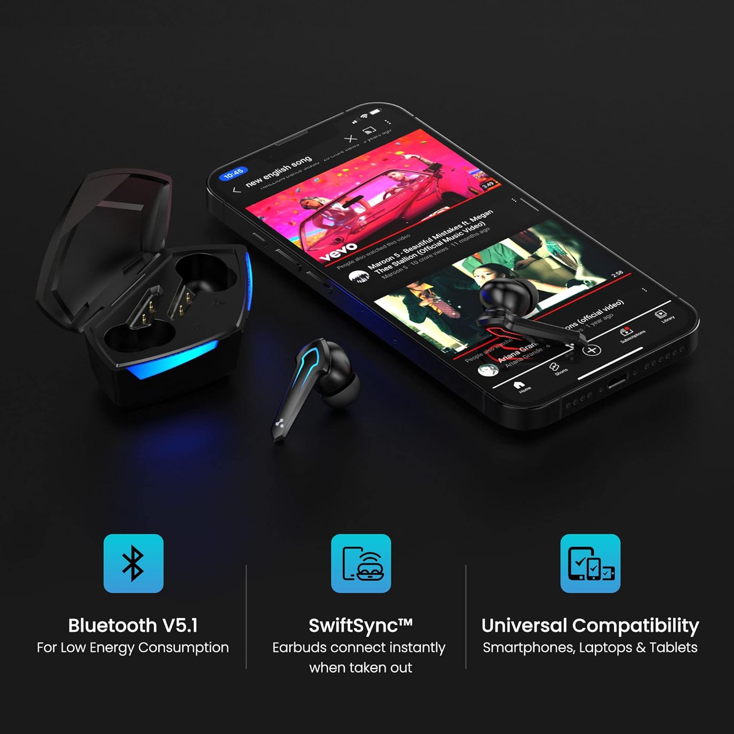 Bluetooth gaming buds next to a smartphone, highlighting SwiftSync and universal compatibility