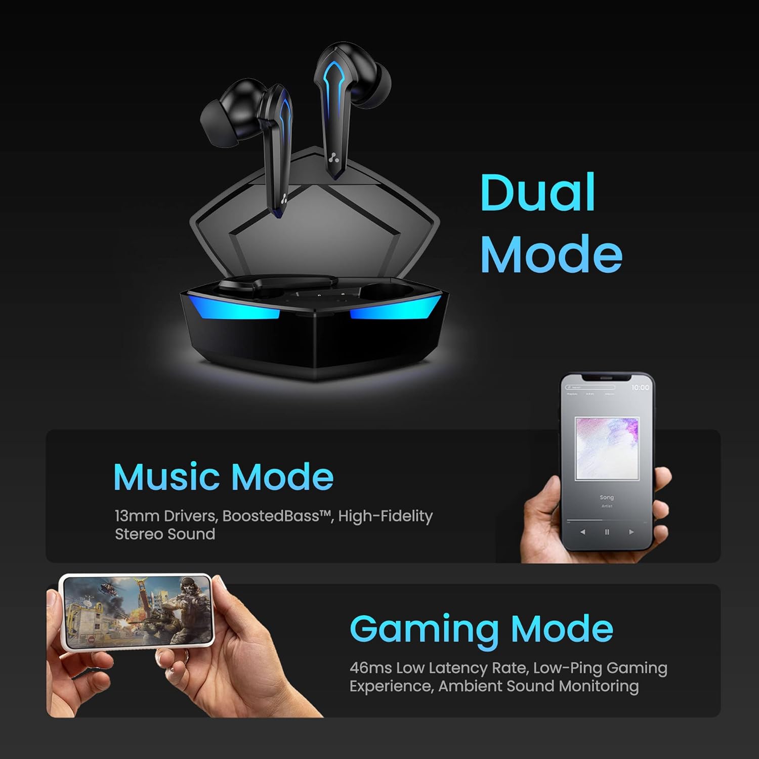 earbuds with dual-mode for music and gaming, featuring immersive sound and low latency.