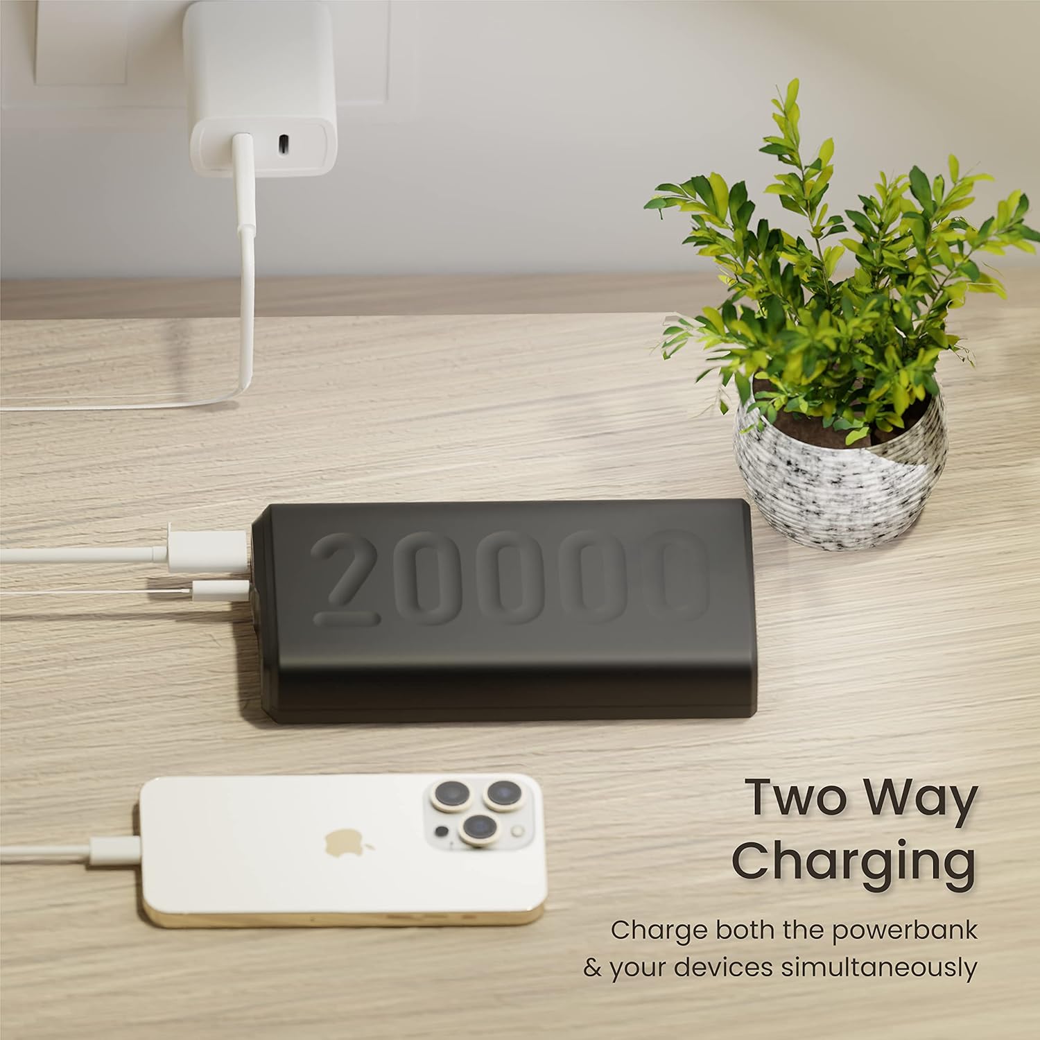 Two way charging power bank allows simultaneous charging of the power bank and devices