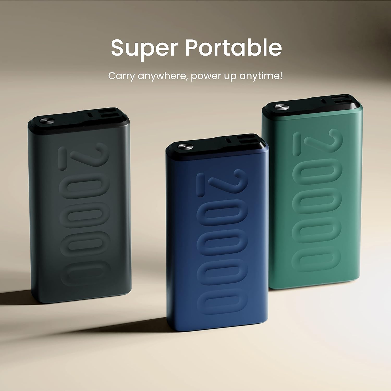 Portable 20000mAh power banks available in black, blue, and green for on-the-go charging