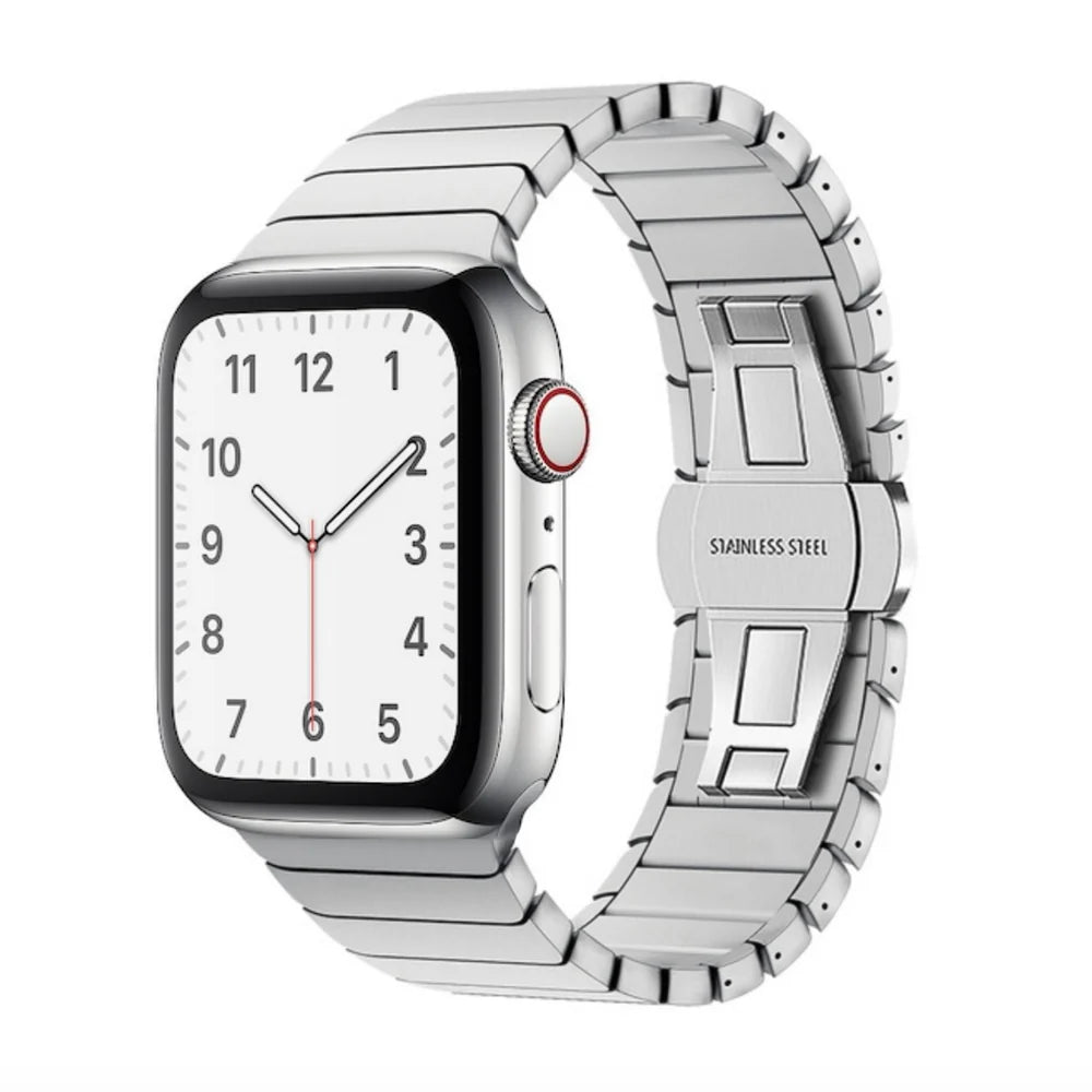 Silver Stainless Steel apple watch straps Premium link bracelet with a secure clasp for a luxurious feel.