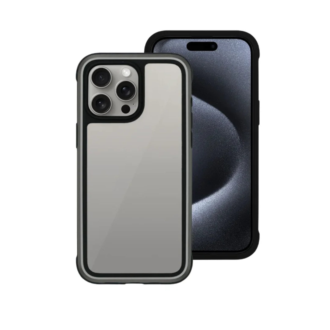 Sleek transparent iPhone case with a black shockproof frame for ultimate protection.