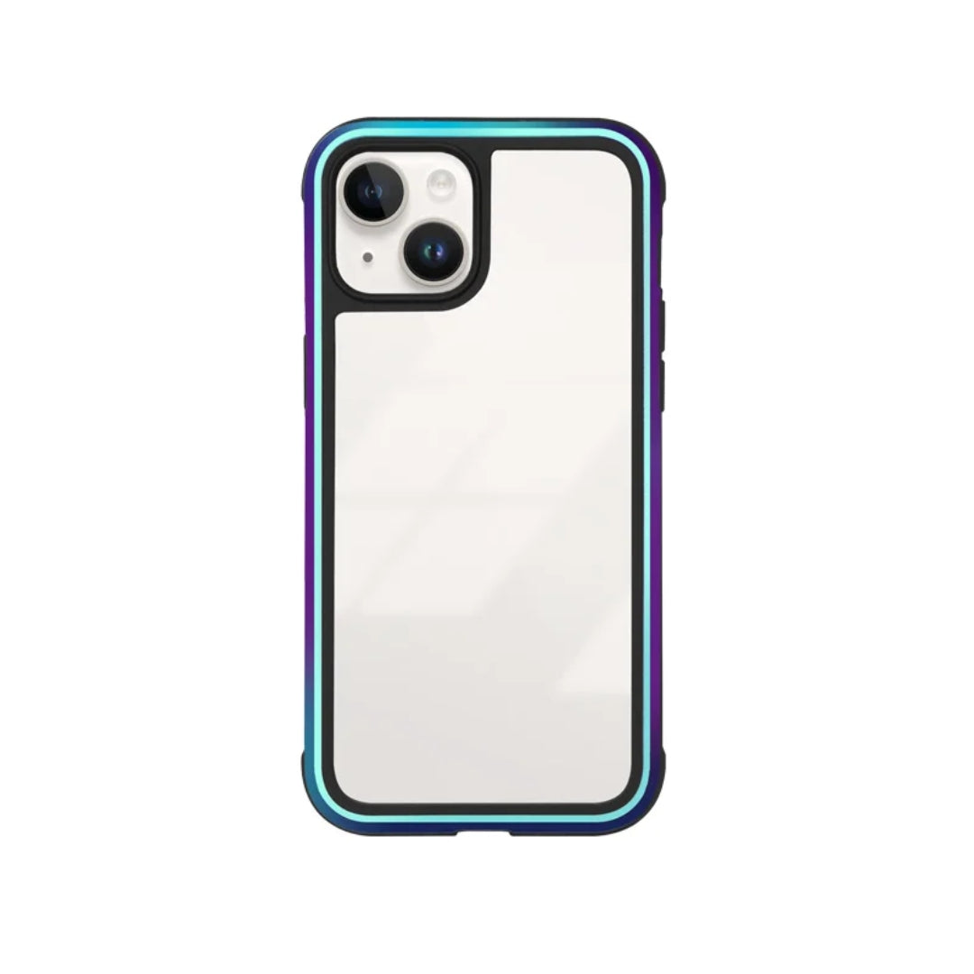Glossy transparent iPhone case with a gradient holographic bumper, offering stylish protection and durability.