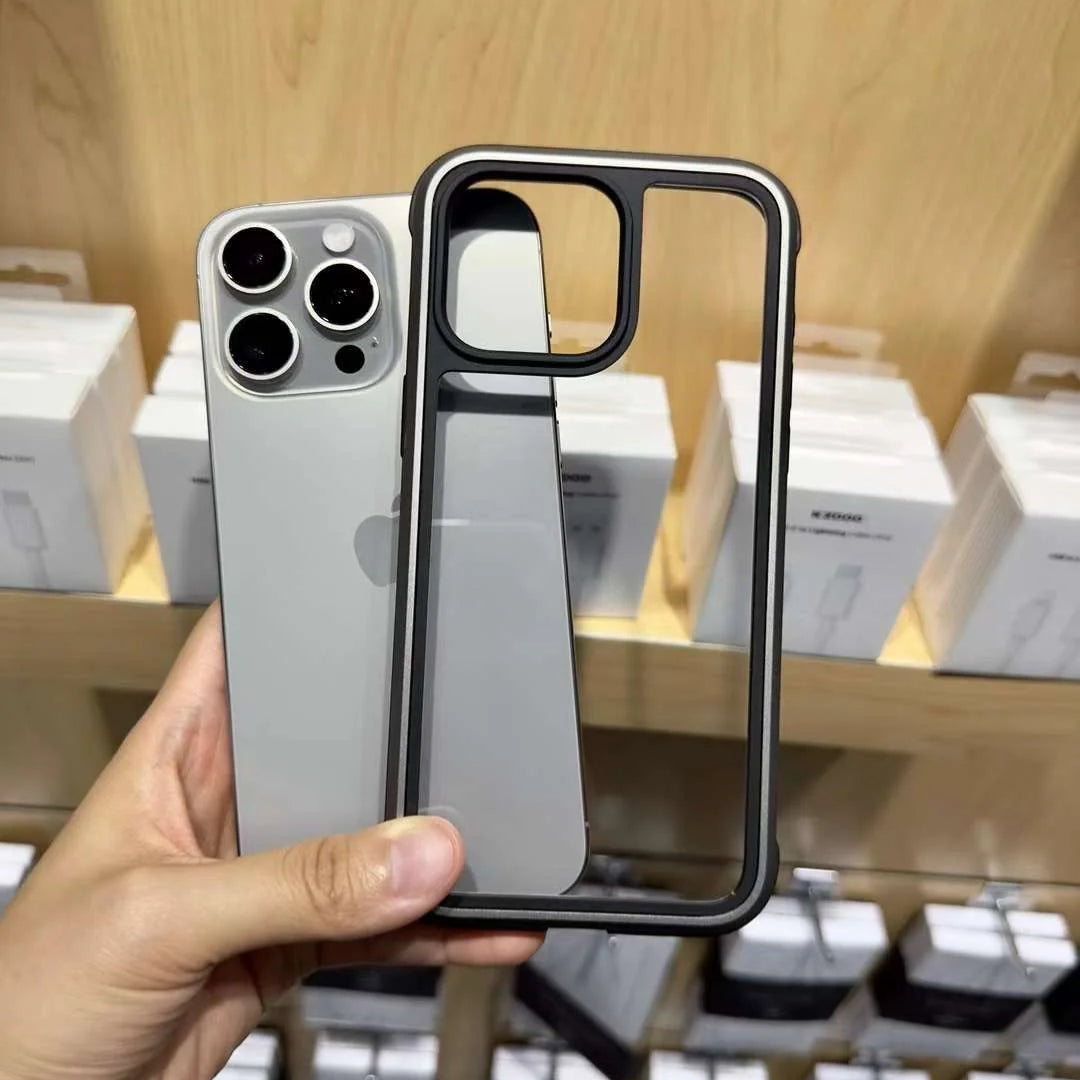 Stylish transparent iPhone cover with a black frame, designed for a snug fit and premium feel.