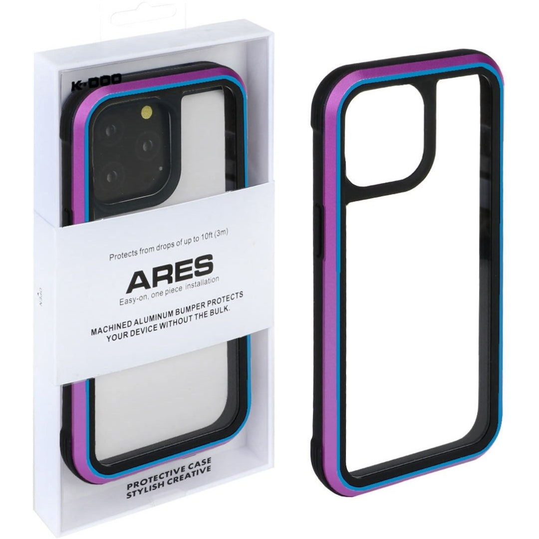 Premium ARES iPhone case in retail packaging, featuring a transparent design with a black protective bumper