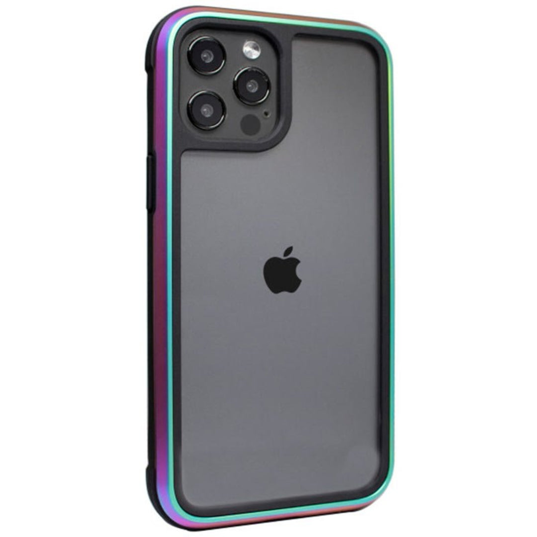 Gradient color iPhone case with a transparent back and a stylish holographic bumper.