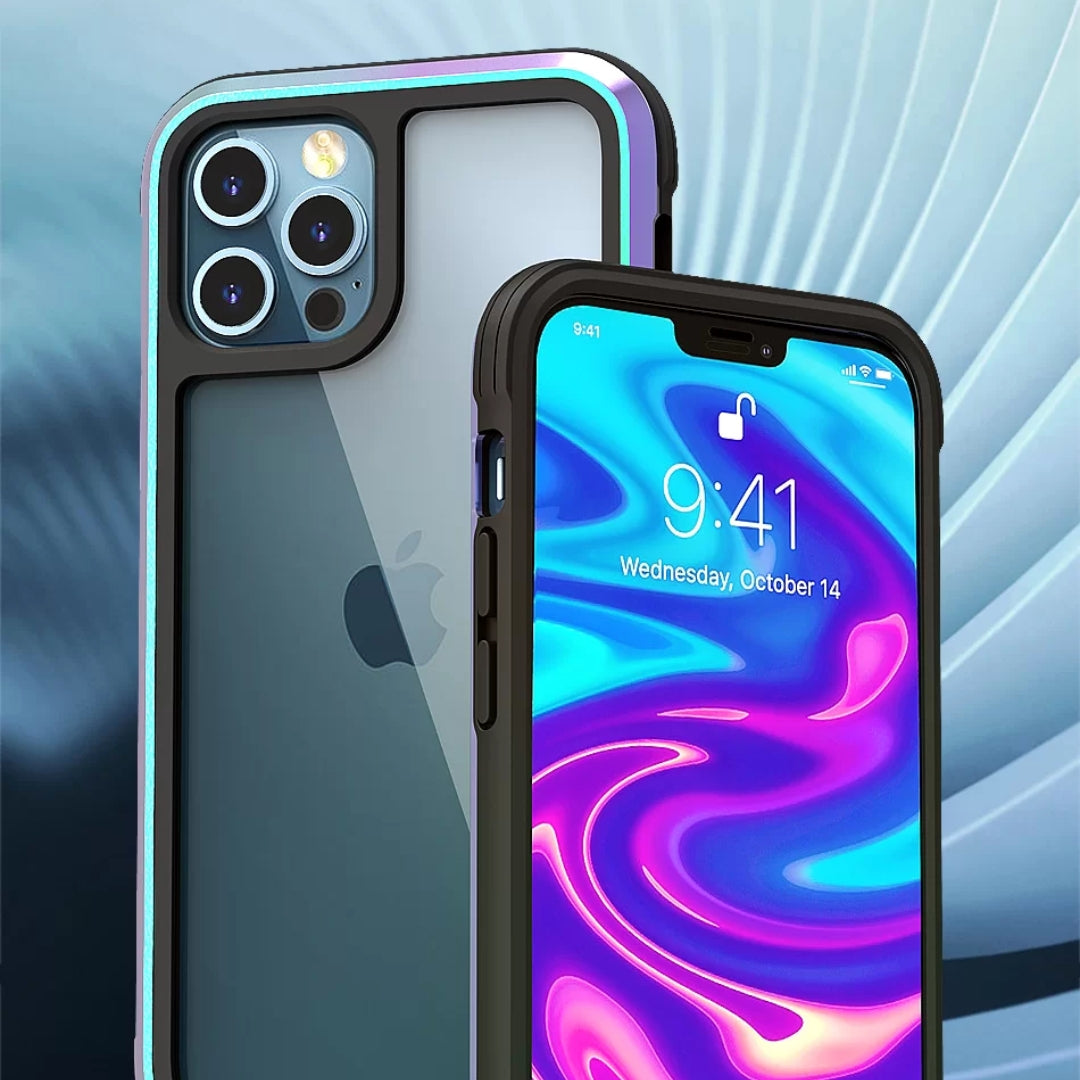 Modern iPhone case with a clear back and iridescent border, adding a touch of elegance