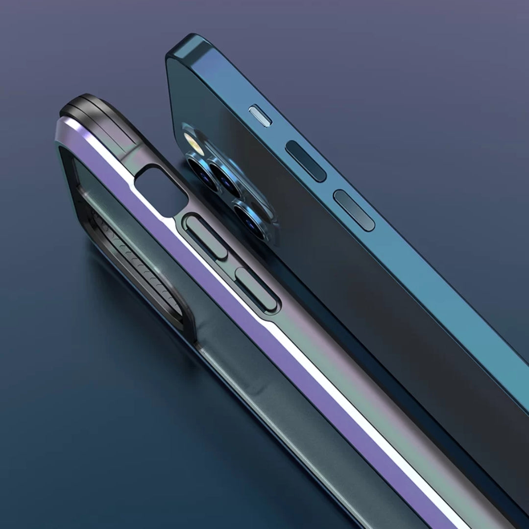 trendy dual color iPhone case with a protective frame and crystal clear back.