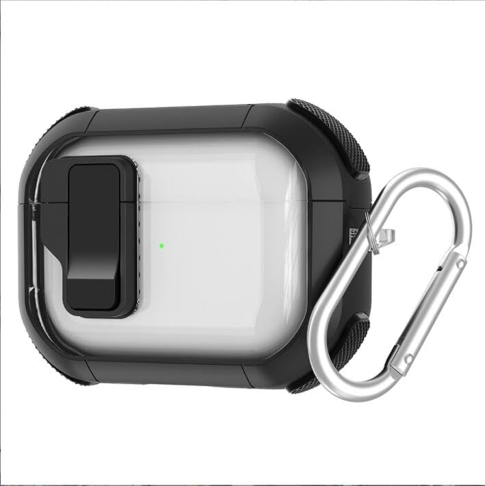 airpod pro case Durable clear protective cover with a black shockproof frame, featuring a secure lock clip and a metal carabiner for easy carrying.