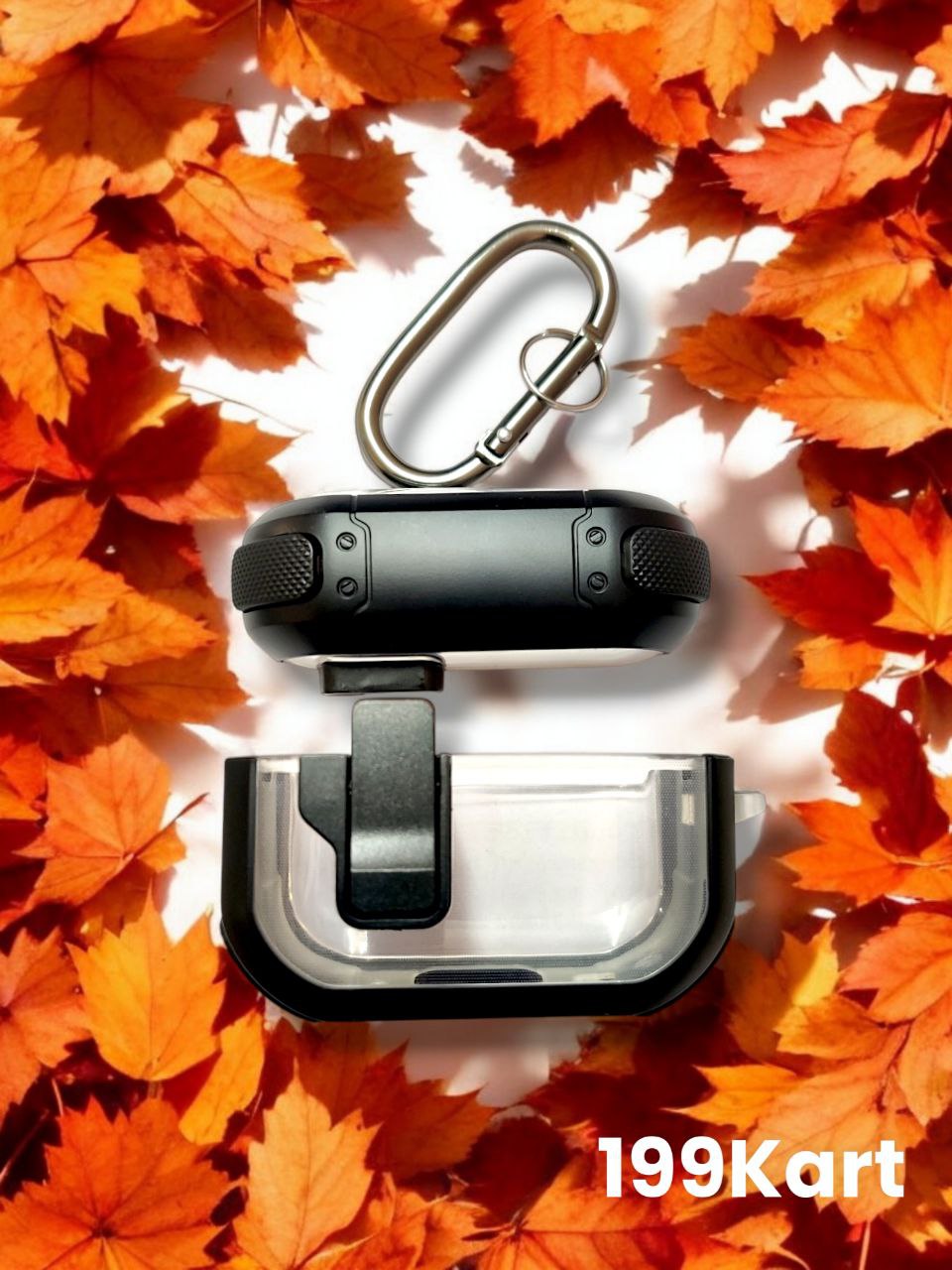airpod pro case Secure snap-on case featuring a protective locking mechanism, placed on an autumn leaf background.
