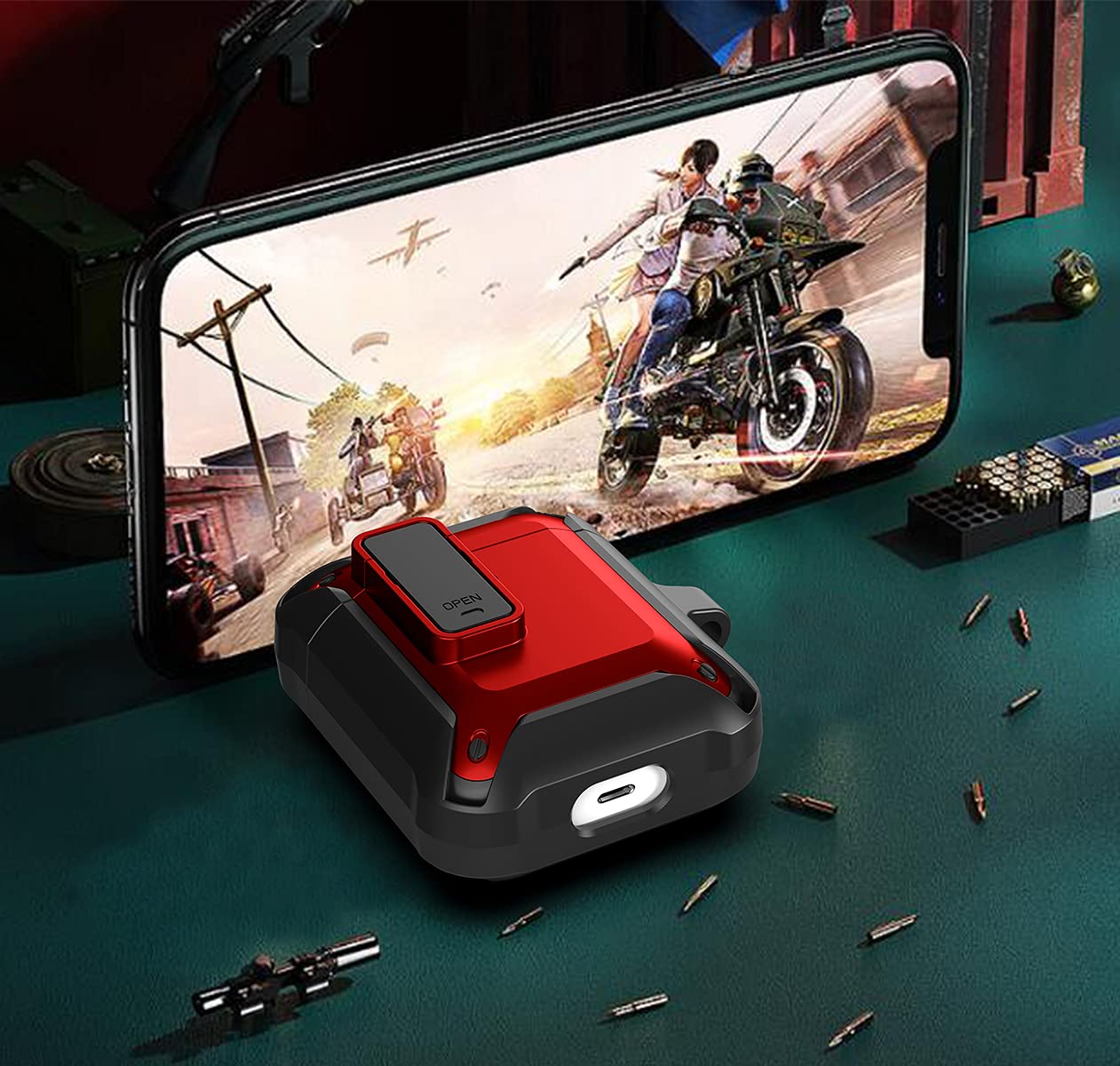 Tough Armor airpod 2nd gen case Stylish red and black case with enhanced durability and gaming inspired look.
