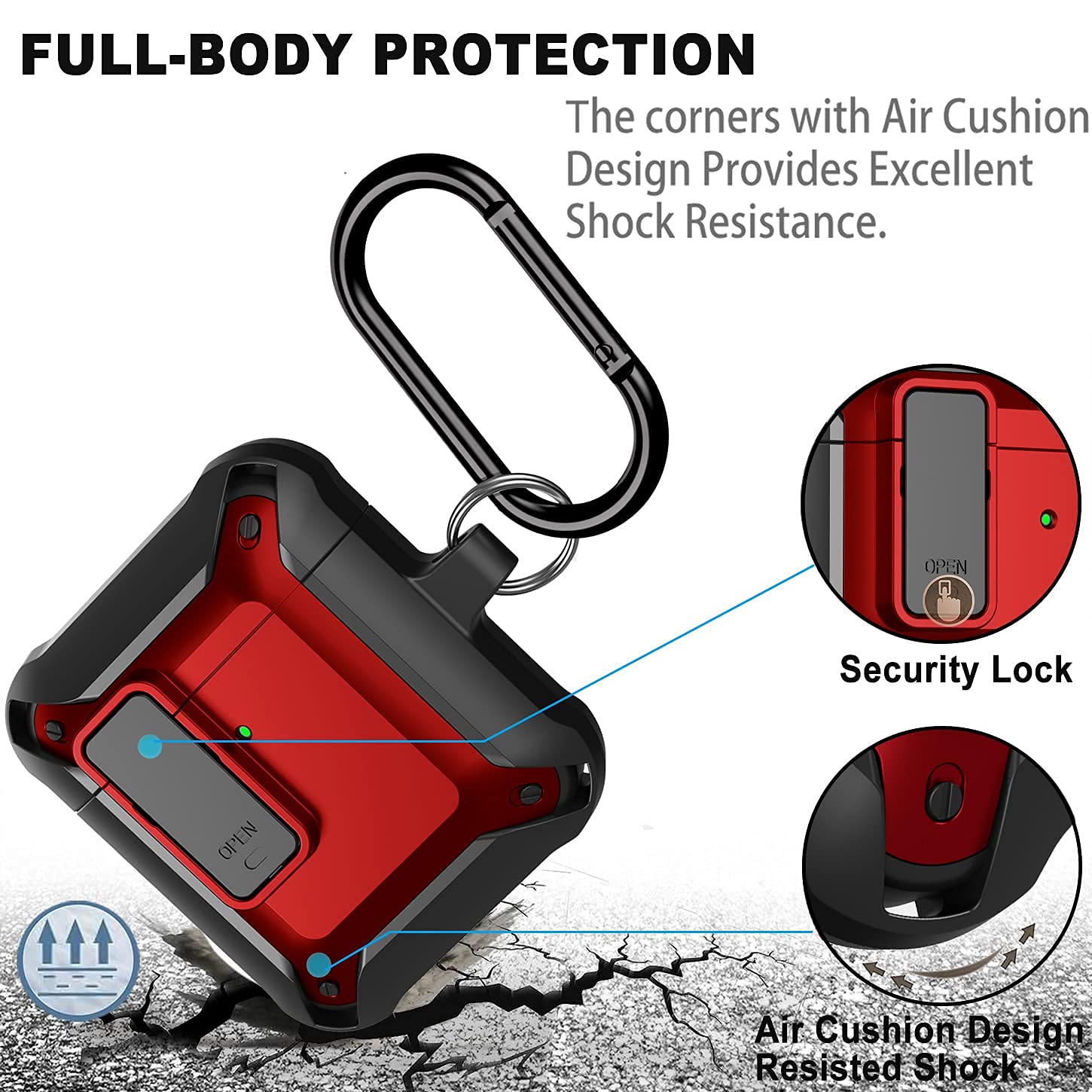 Full-Body Protection airpod 2nd generation case Military grade shockproof design with air cushion corners and security lock.