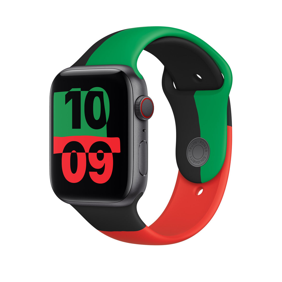 Front View of Apple Watch with Red, Green, and Black Sports Band